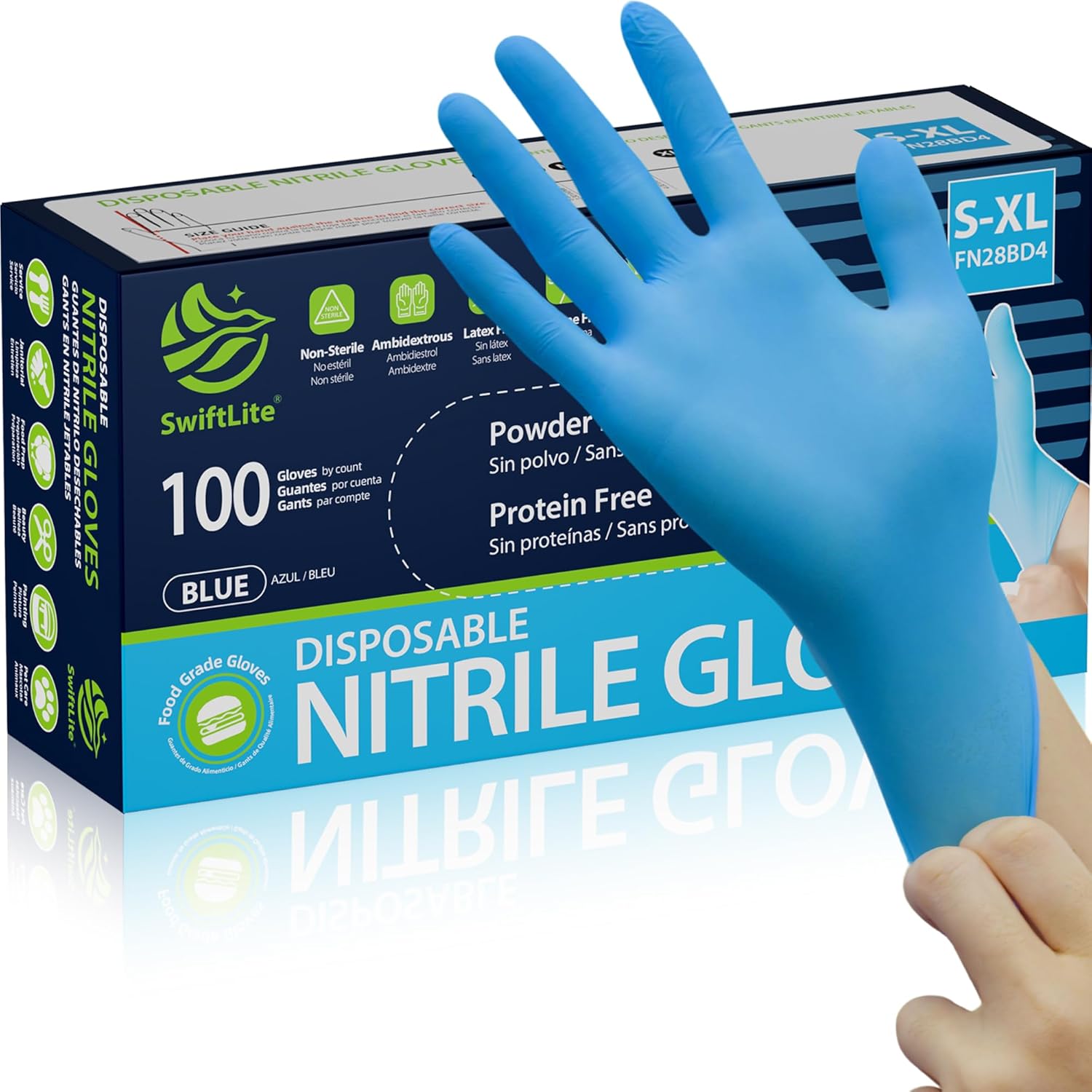SwiftLite Nitrile Gloves front view of 100 count box for food safe protection
