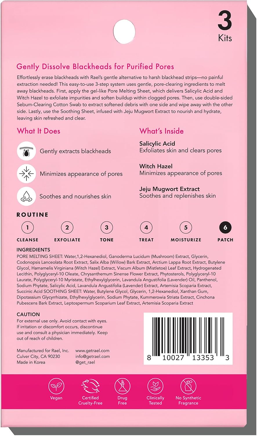 Back label of Rael 3-Step Pore Melting Pack showing genuine import details and usage precautions.