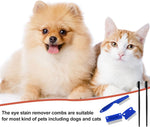 Blue and black Boao dog comb set highlighting the safe round end teeth for sensitive eye areas