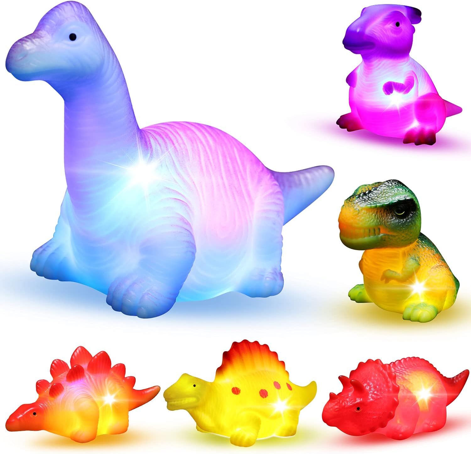 Mapixo 6 pack light up dinosaur bath toys front view