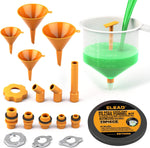 ELEAD No Spill Coolant Funnel Kit nineteen piece set front view showing main translucent radiator funnel and colored vehicle adapters.