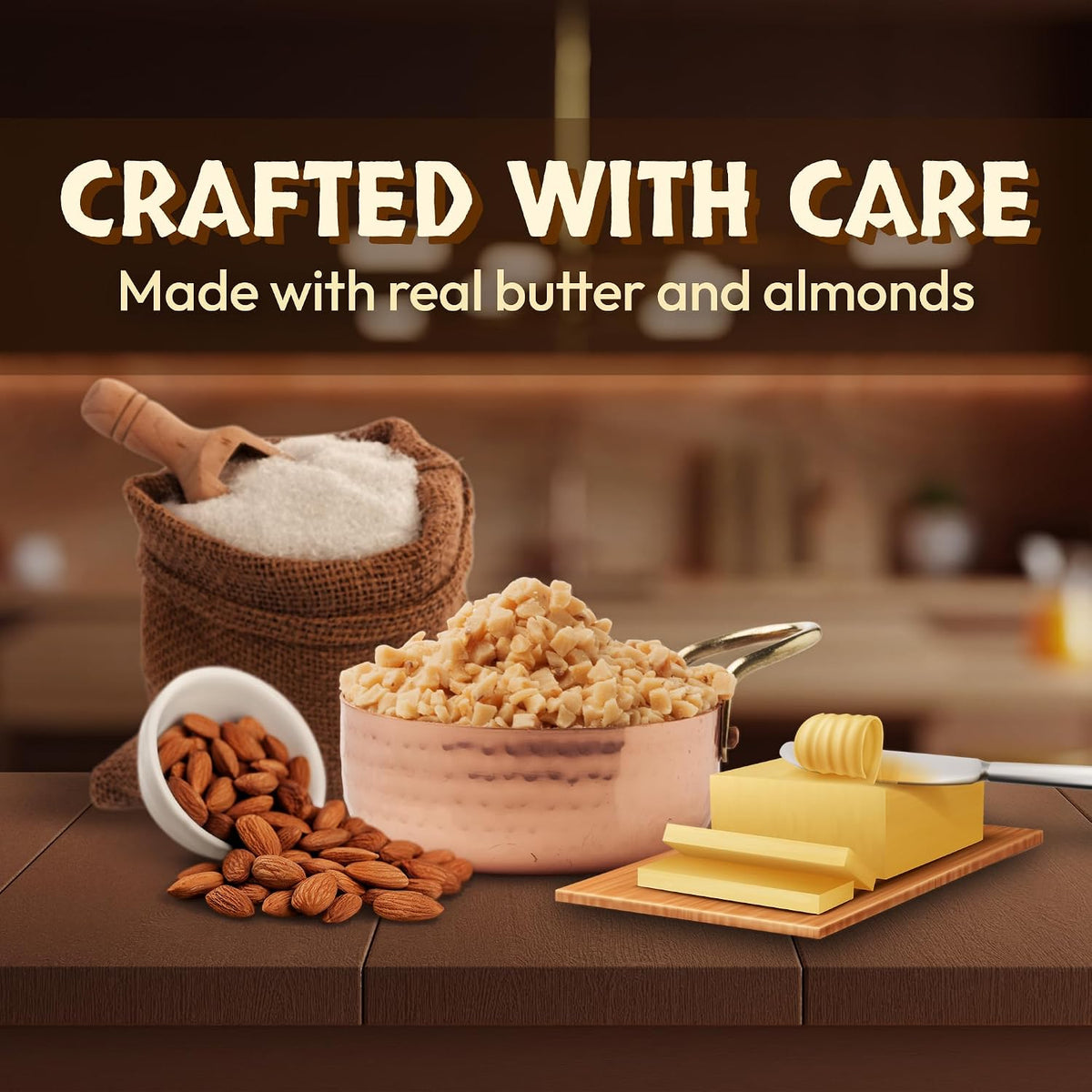 Bulk confectionery toppings bag displayed on a clean kitchen counter for dessert preparation.