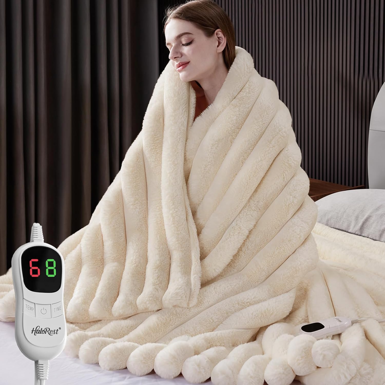 HaloRest faux fur heated throw blanket in cream white front view