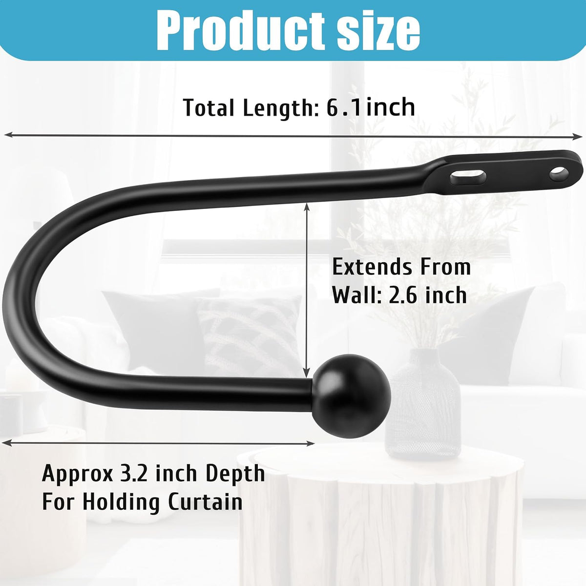 VRSS curtain holdback hook dimensions display