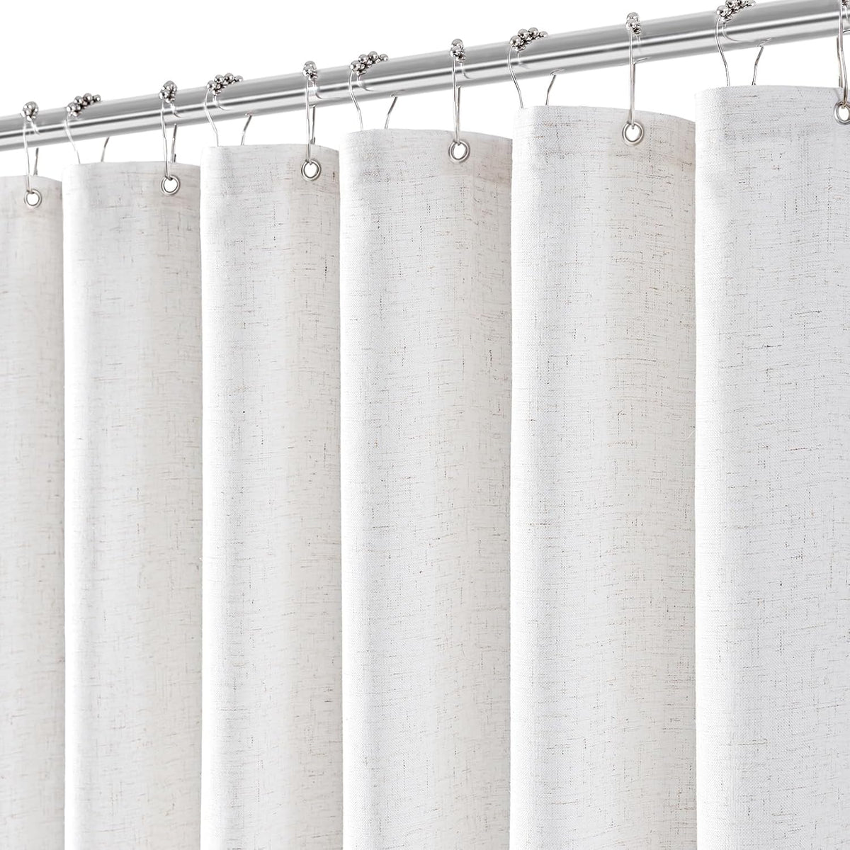 Jolilight white linen shower curtain front view showing the 240 GSM textured fabric drape.