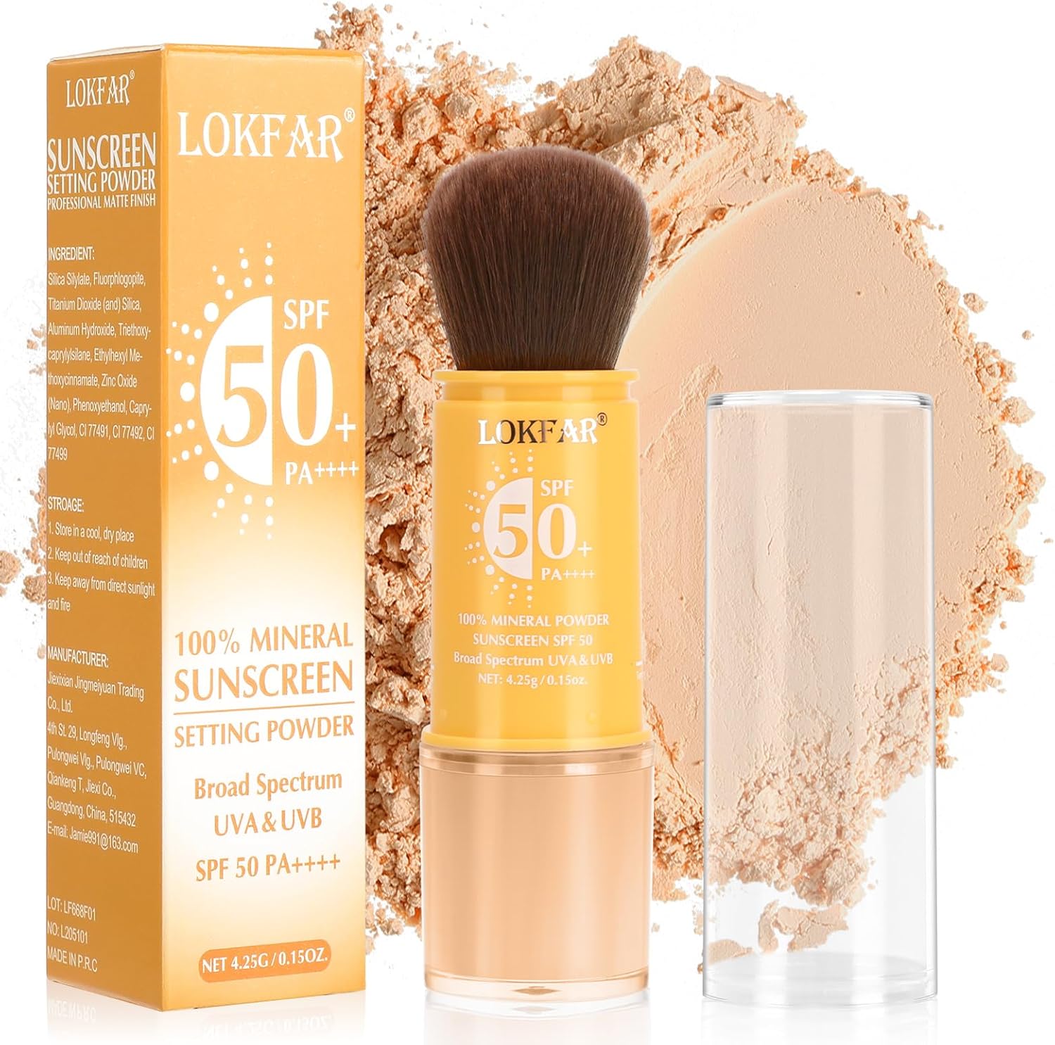 LYBHDAFA Mineral Powder Sunscreen front view showcasing the brush applicator and medium shade packaging.