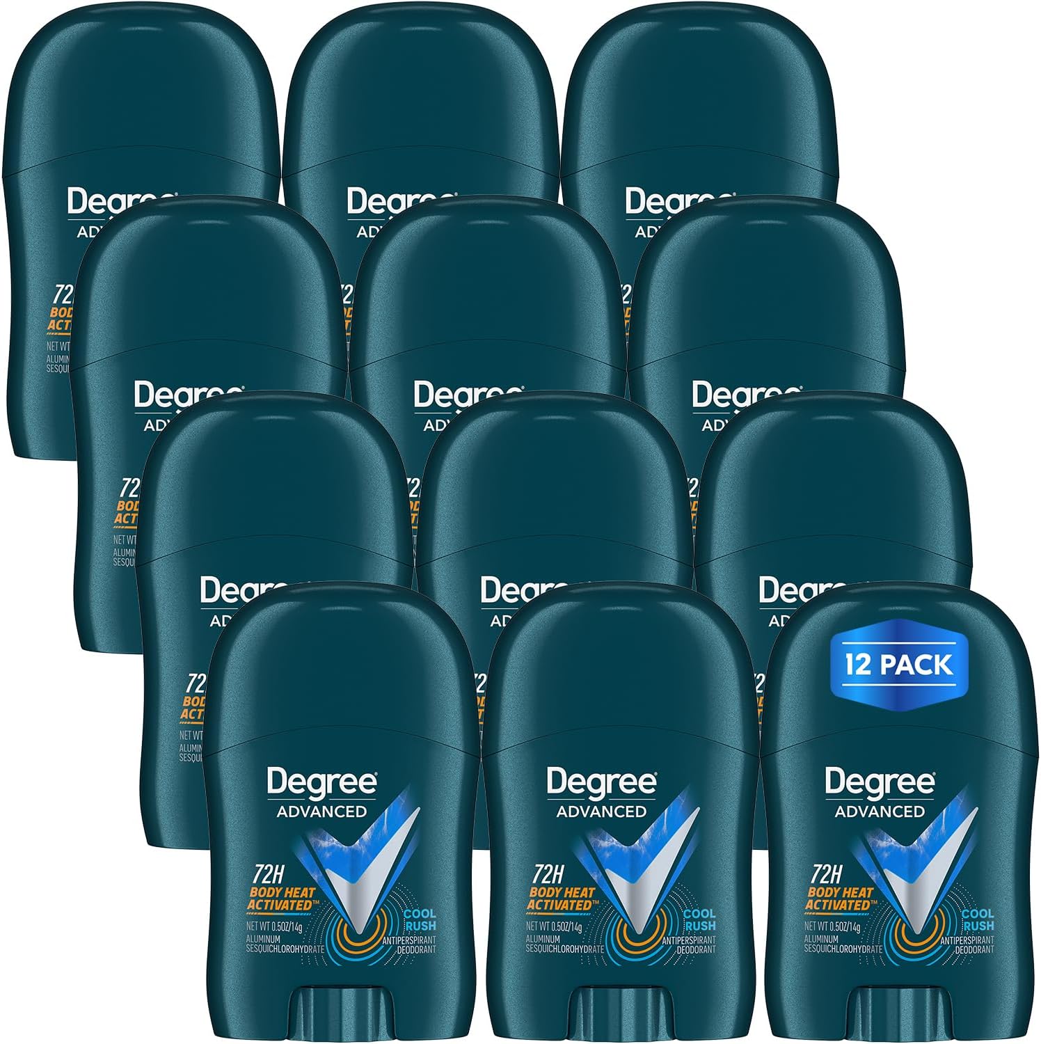 Degree Men Travel Deodorant Cool Rush twelve pack front view showing premium USA packaging.