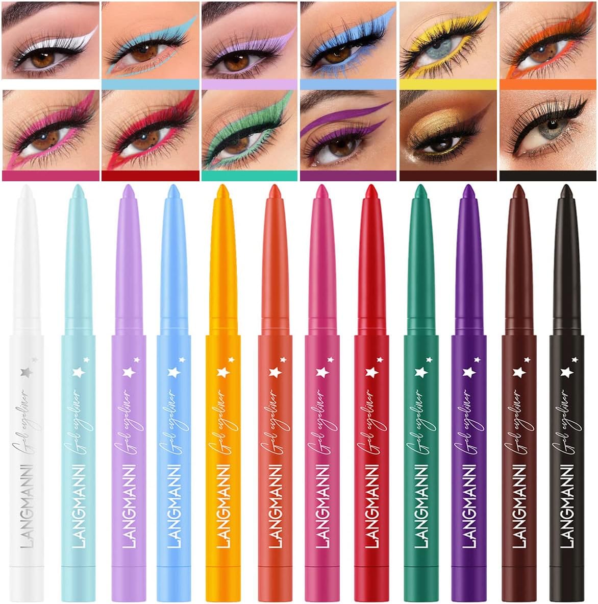 Bestland 12 Colors Matte Creamy Eyeliner Set front view showcasing the complete rainbow collection of gel pencils.