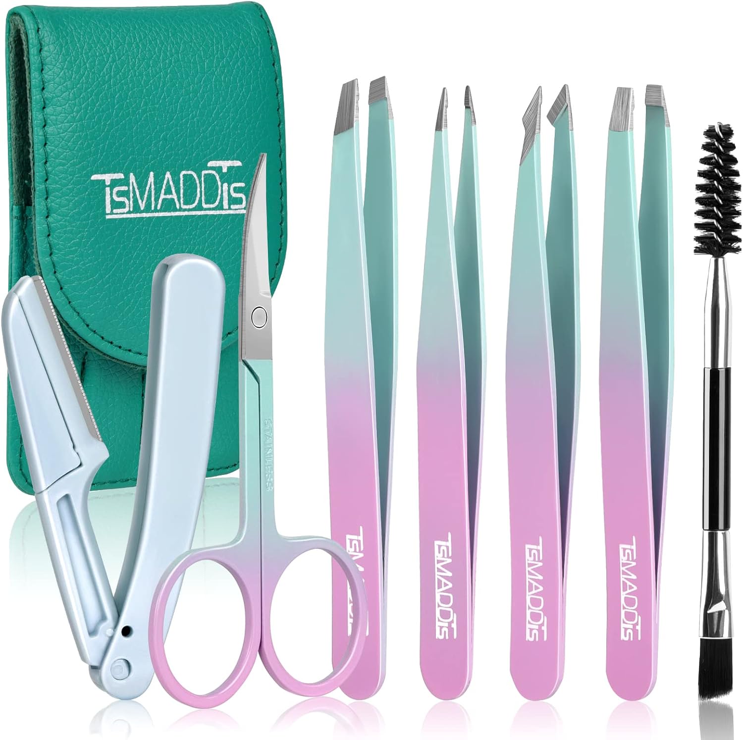 TsMADDTs 7 Piece Eyebrow Tweezer Kit front view showing stainless steel tools inside the green leather case.