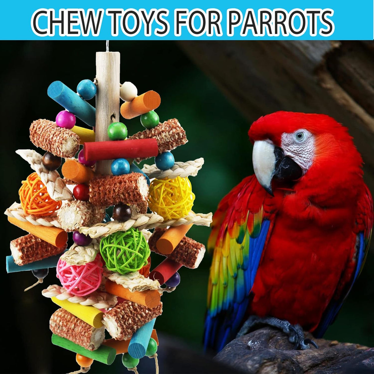Durable aviary hanging toy with natural rattan balls and heavy-duty metal attachment hook.