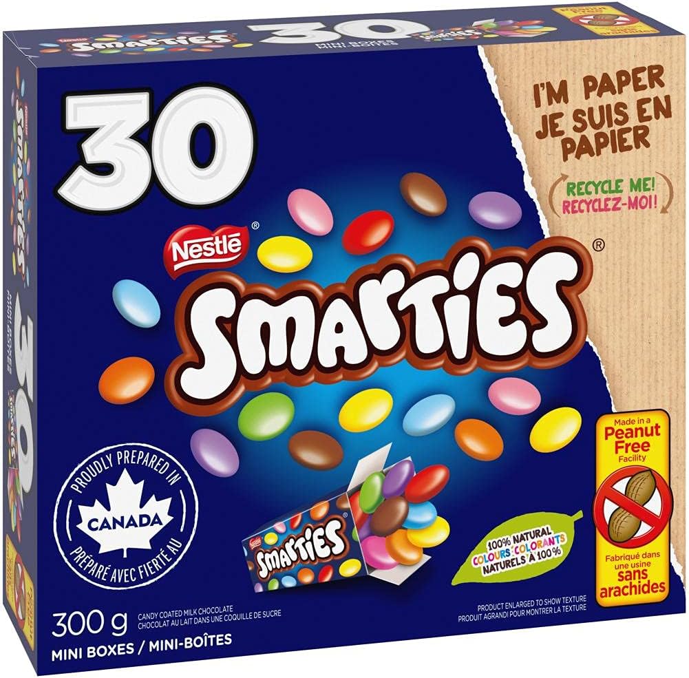 Close up of colorful candy coated milk chocolate pieces inside a small paper box