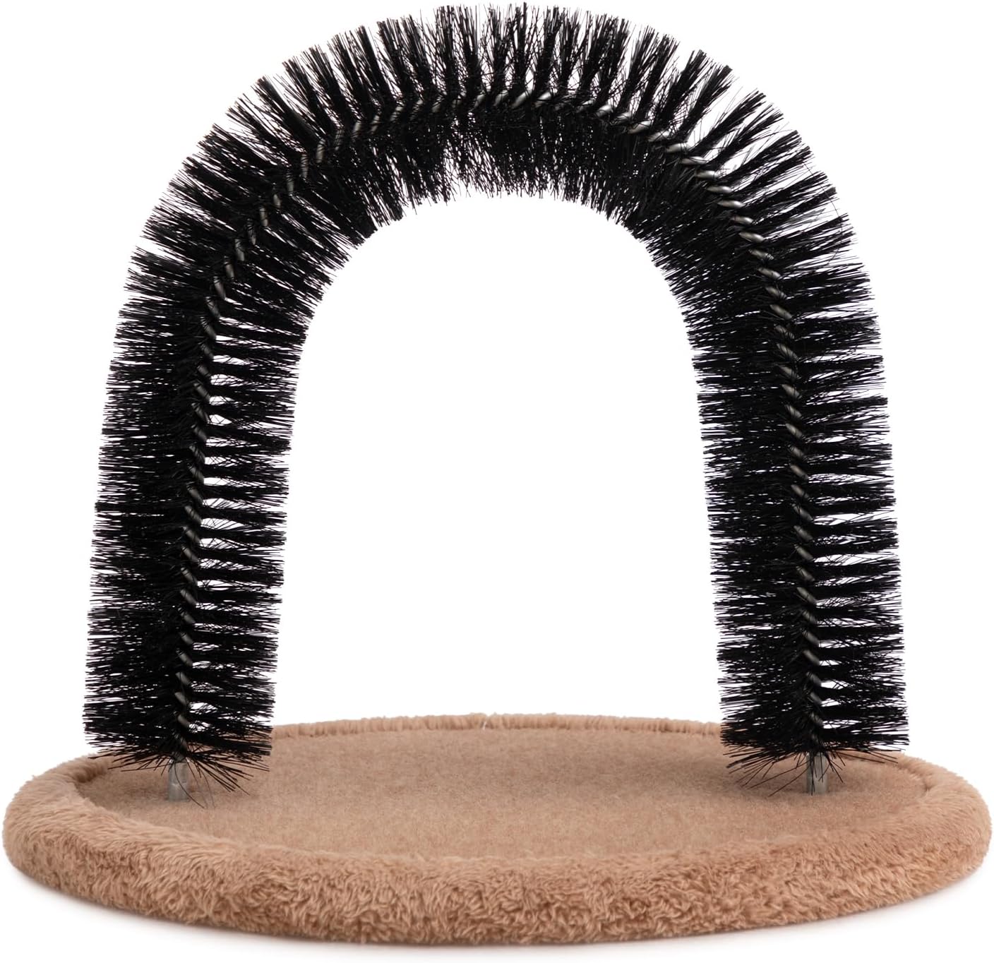 Hollypet self grooming massager cat arch brush front view showing black bristles and carpet base.