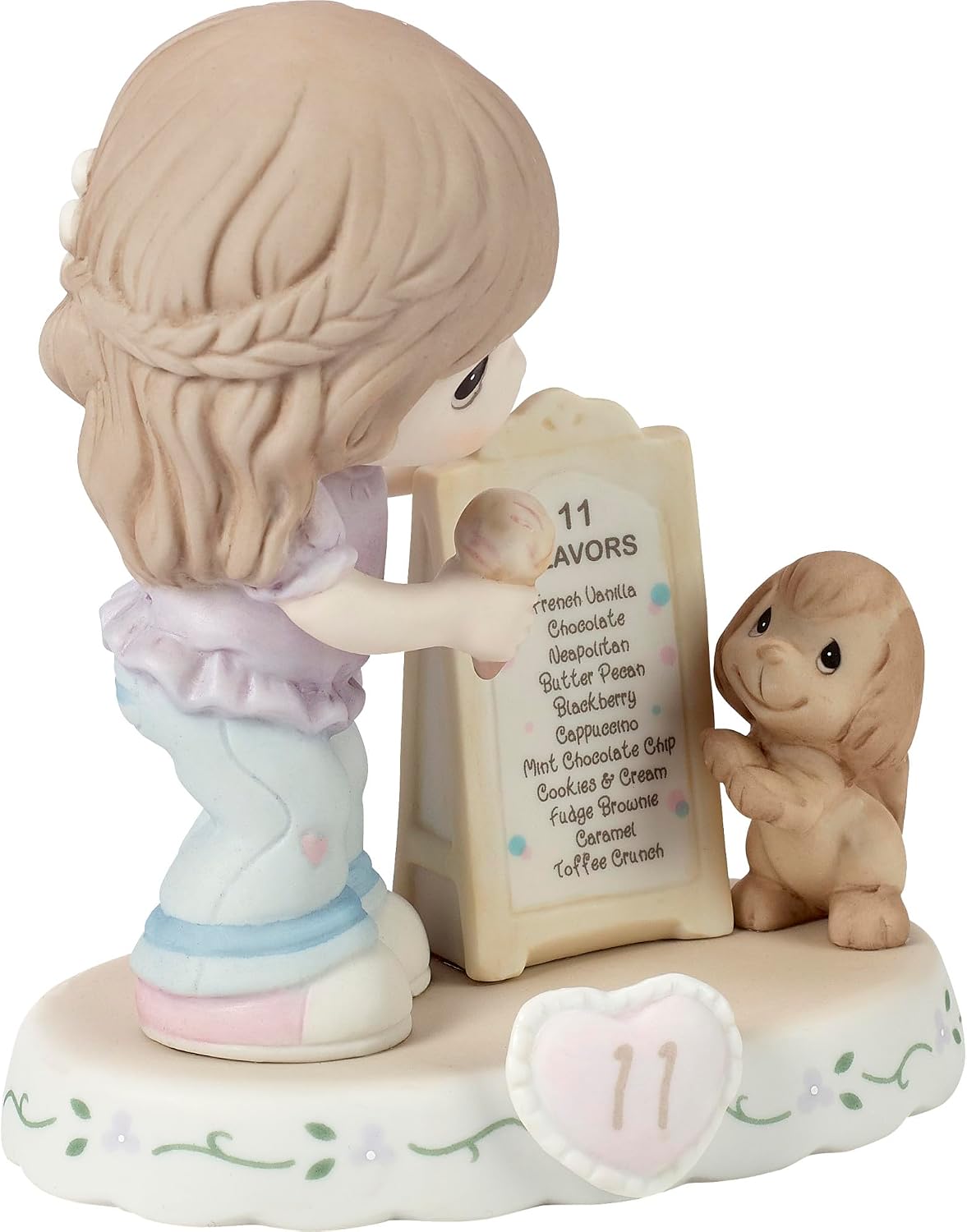 Precious Moments Age 11 Brunette Girl Figurine side profile showing puppy and ice cream board
