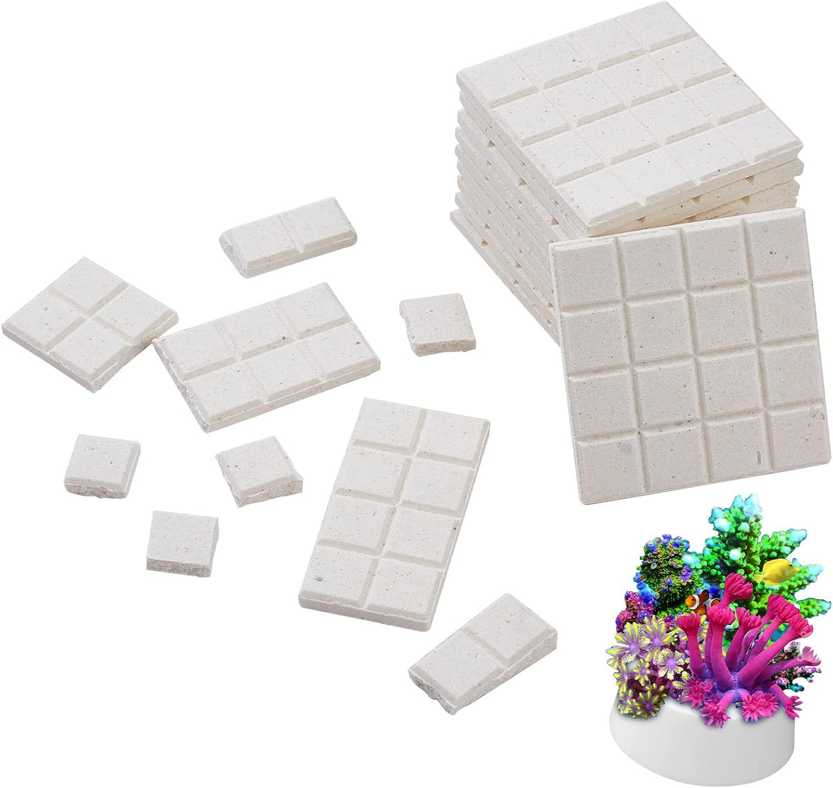 CHGCRAFT Ceramic Coral Frag Tiles front view package containing twelve square white pieces for aquarium reef tanks