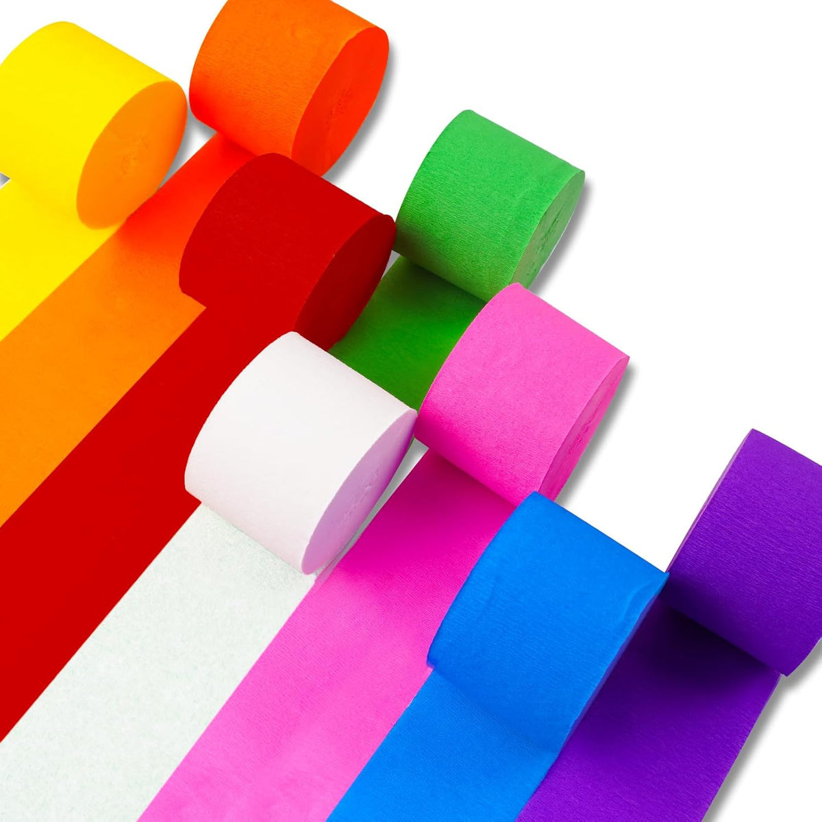 PartyWoo Crepe Paper Streamers 8-roll rainbow pack front view showcasing vibrant color palette.