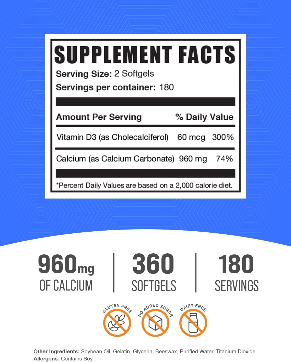 Gluten free calcium and vitamin D3 supplement facts and ingredient label details