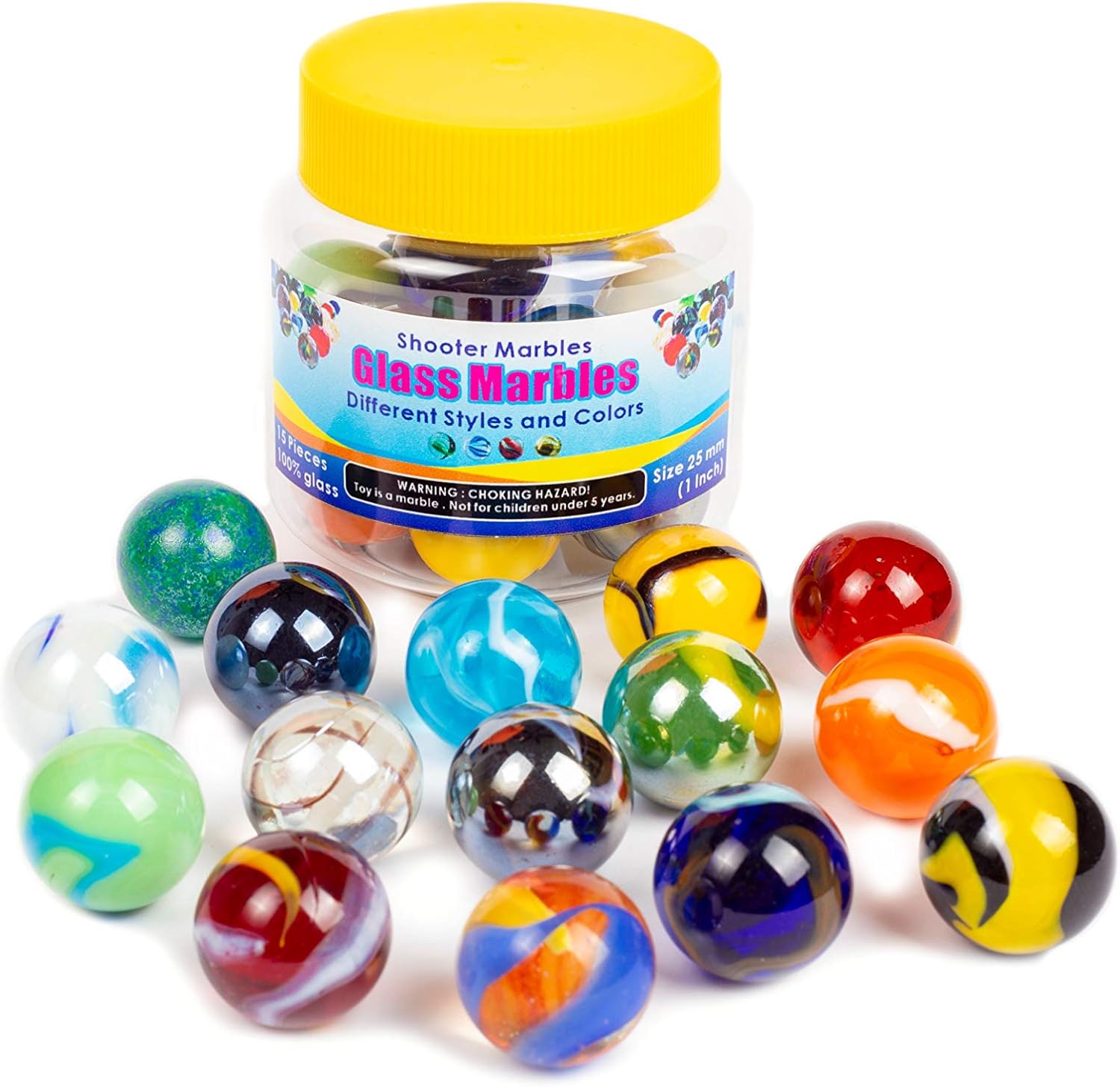 Ssxyan Shooter Glass Marbles Bundle front view showing fifteen assorted colorful glass spheres inside a transparent storage container with a yellow lid.