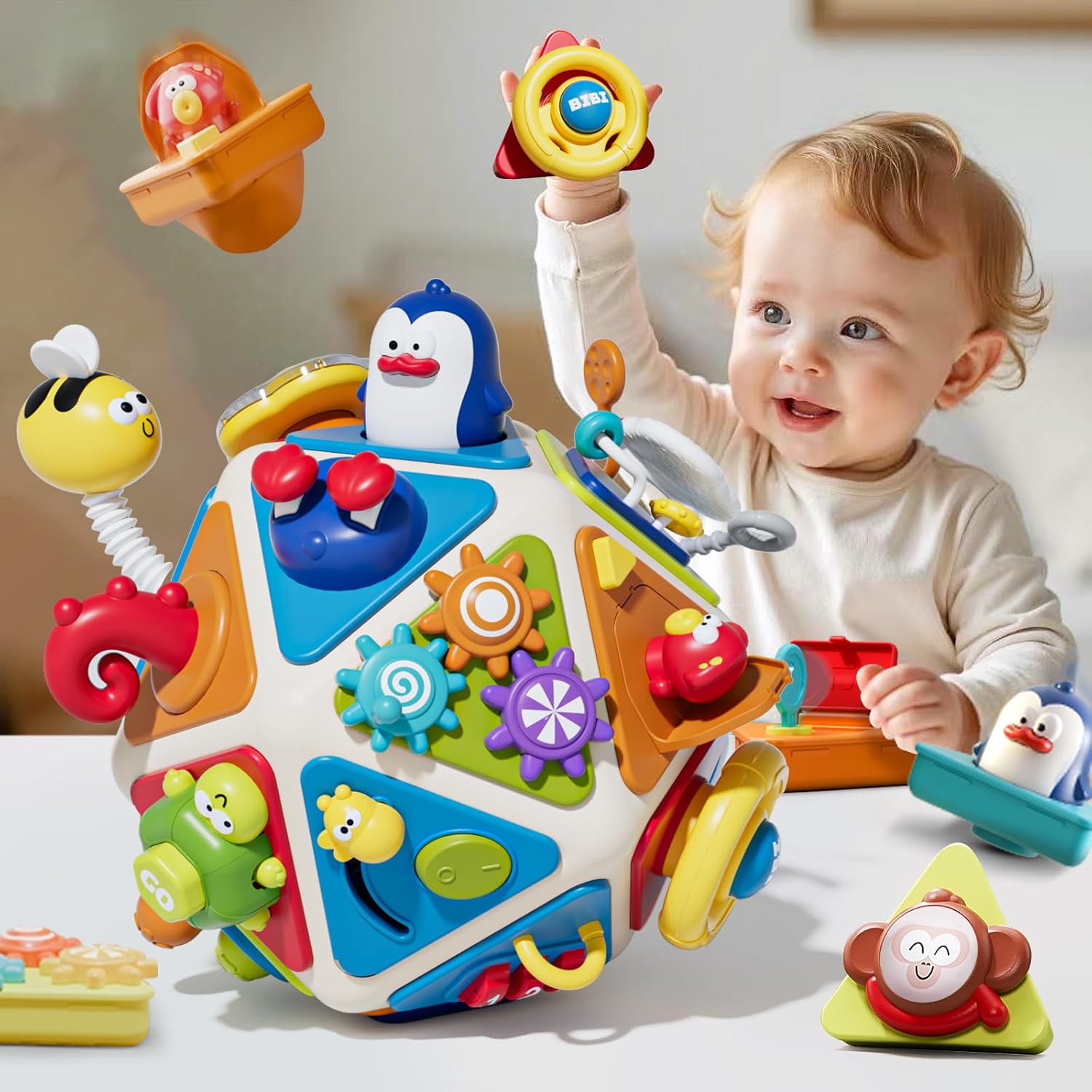 Vanvimen 20-in-1 Toddler Busy Board Activity Cube front view showing colorful interactive panels