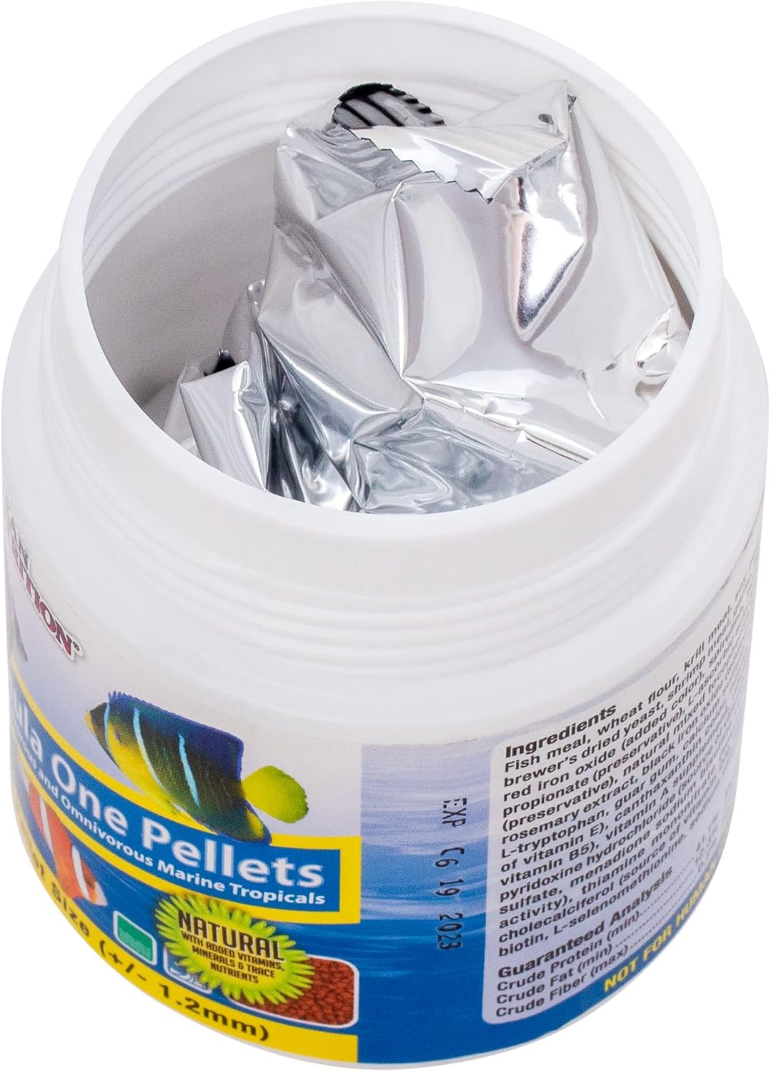 Ocean Nutrition Formula One jar with ingredients and feeding guide