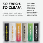 Six point four ounce Sweet Sweat original stick displaying the easy glide applicator