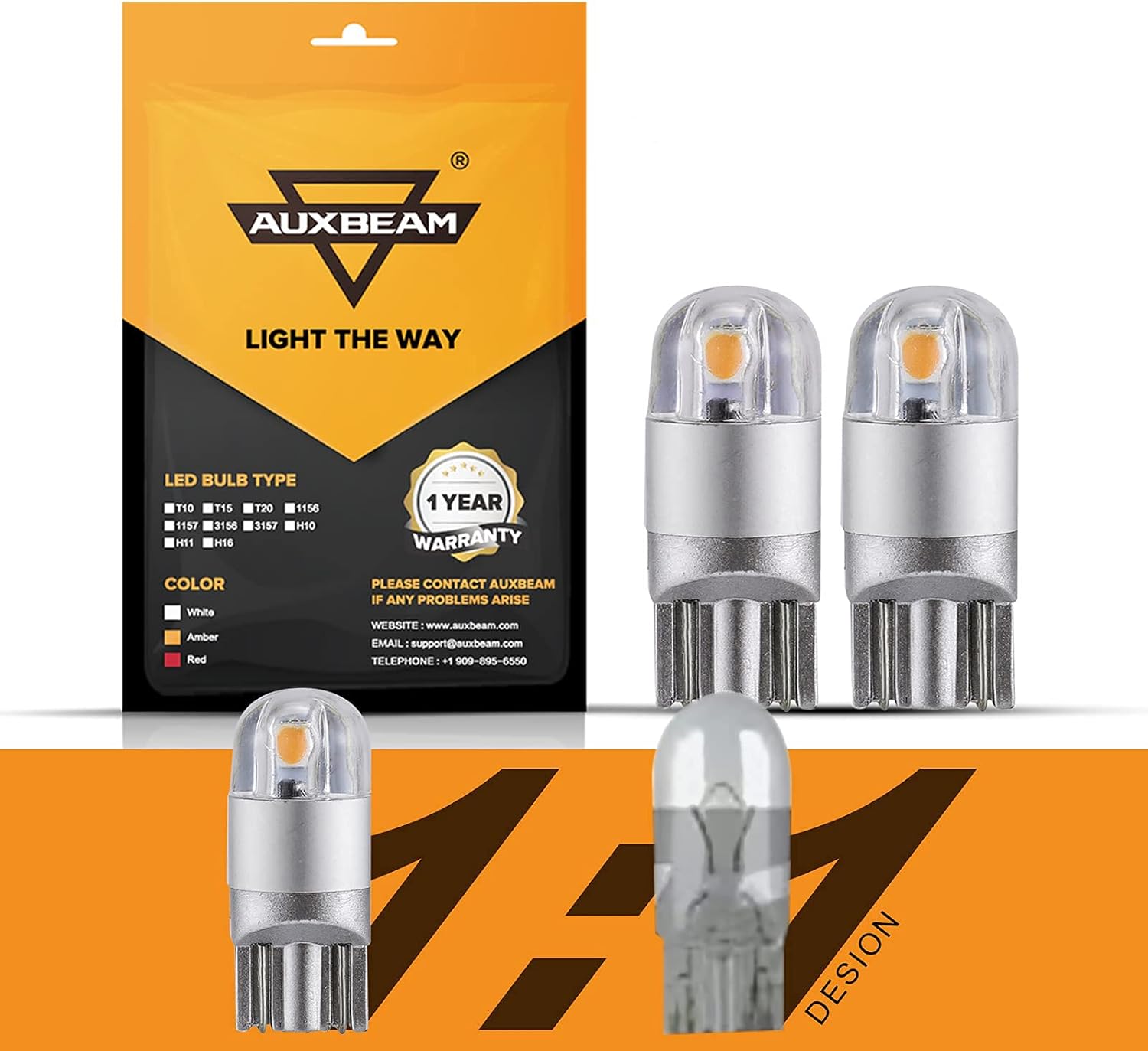 Auxbeam 194 T10 LED Bulbs front view showing premium amber yellow automotive lighting upgrades.