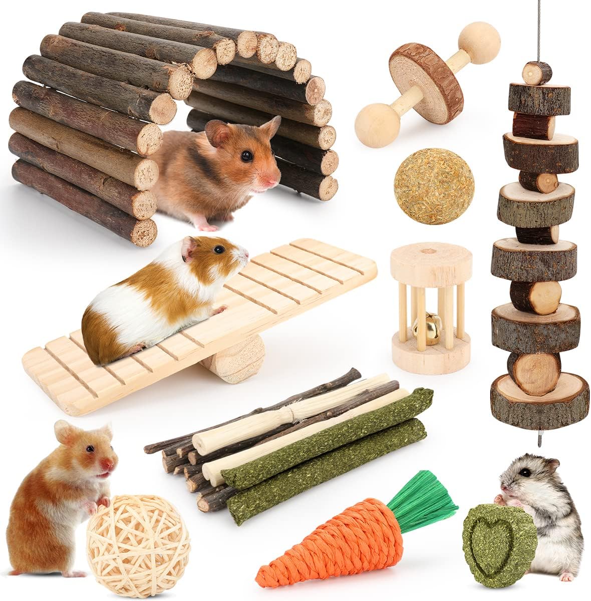 YIXUND hamster chew toys front view showing twelve different natural wooden cage accessories.