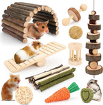 YIXUND hamster chew toys front view showing twelve different natural wooden cage accessories.