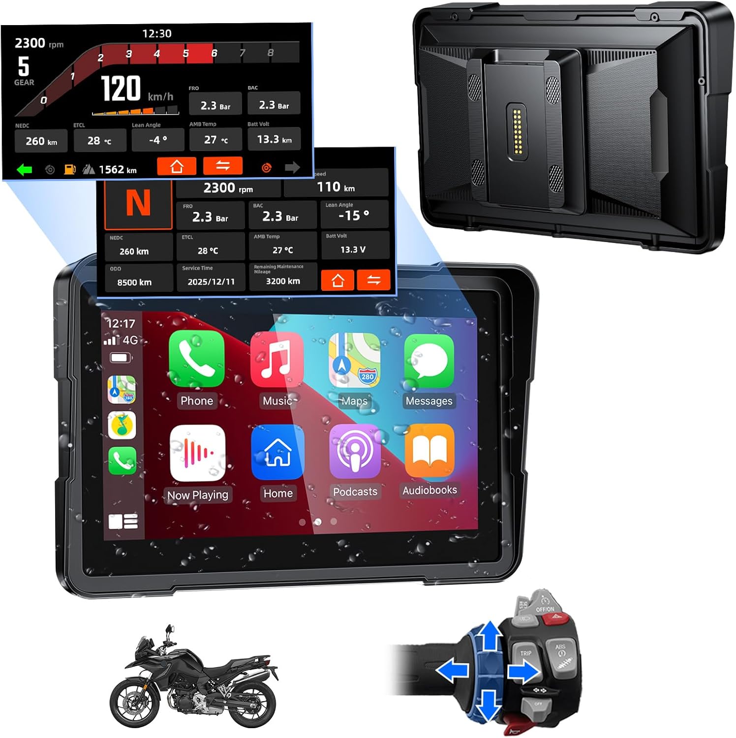 FancyTiger 7 inch motorcycle GPS navigation screen front view showing Apple CarPlay interface.