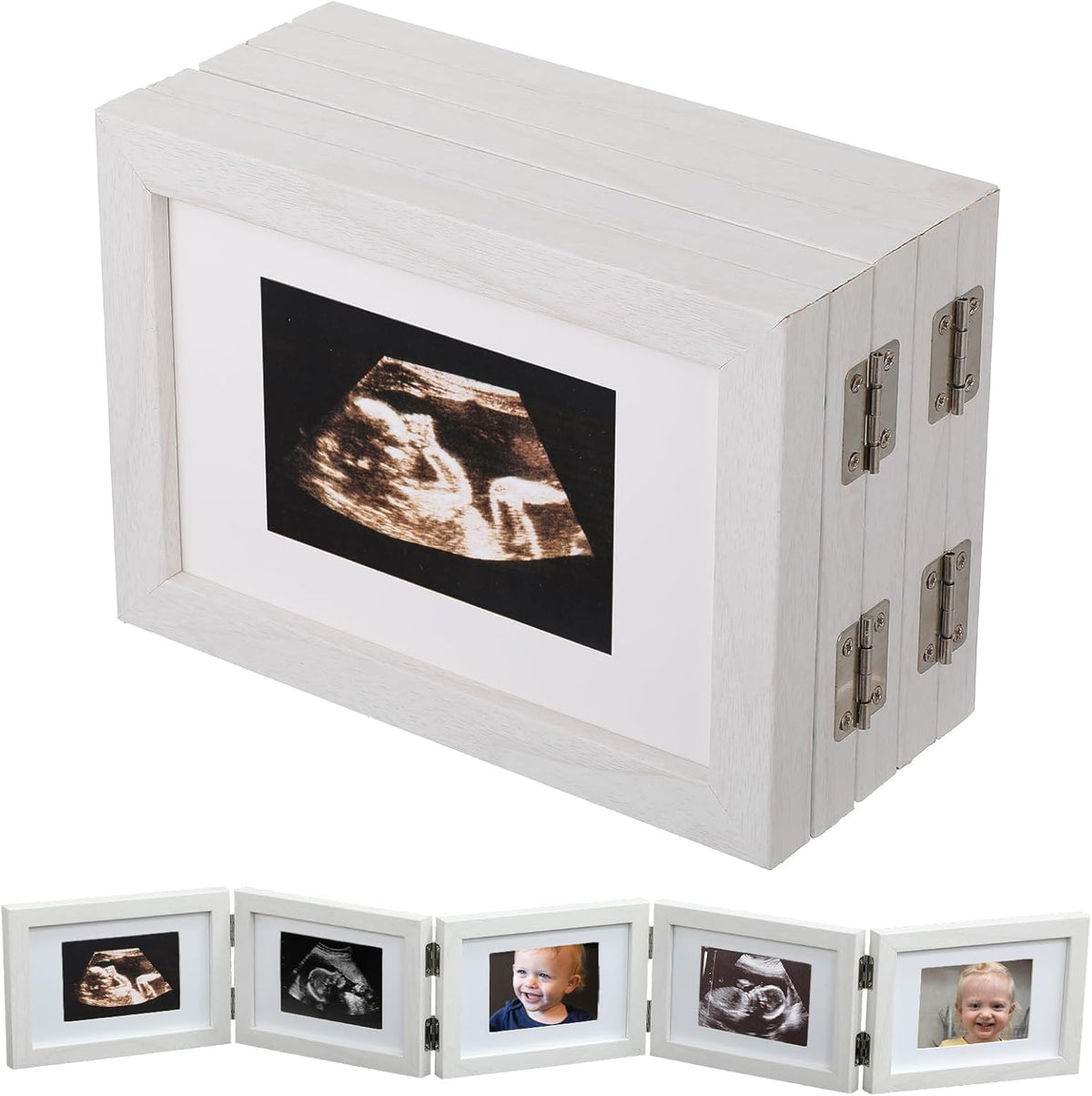 Biubee 5 folding sonogram picture frame front view showing natural wood panels with baby ultrasound photos on a nursery table.