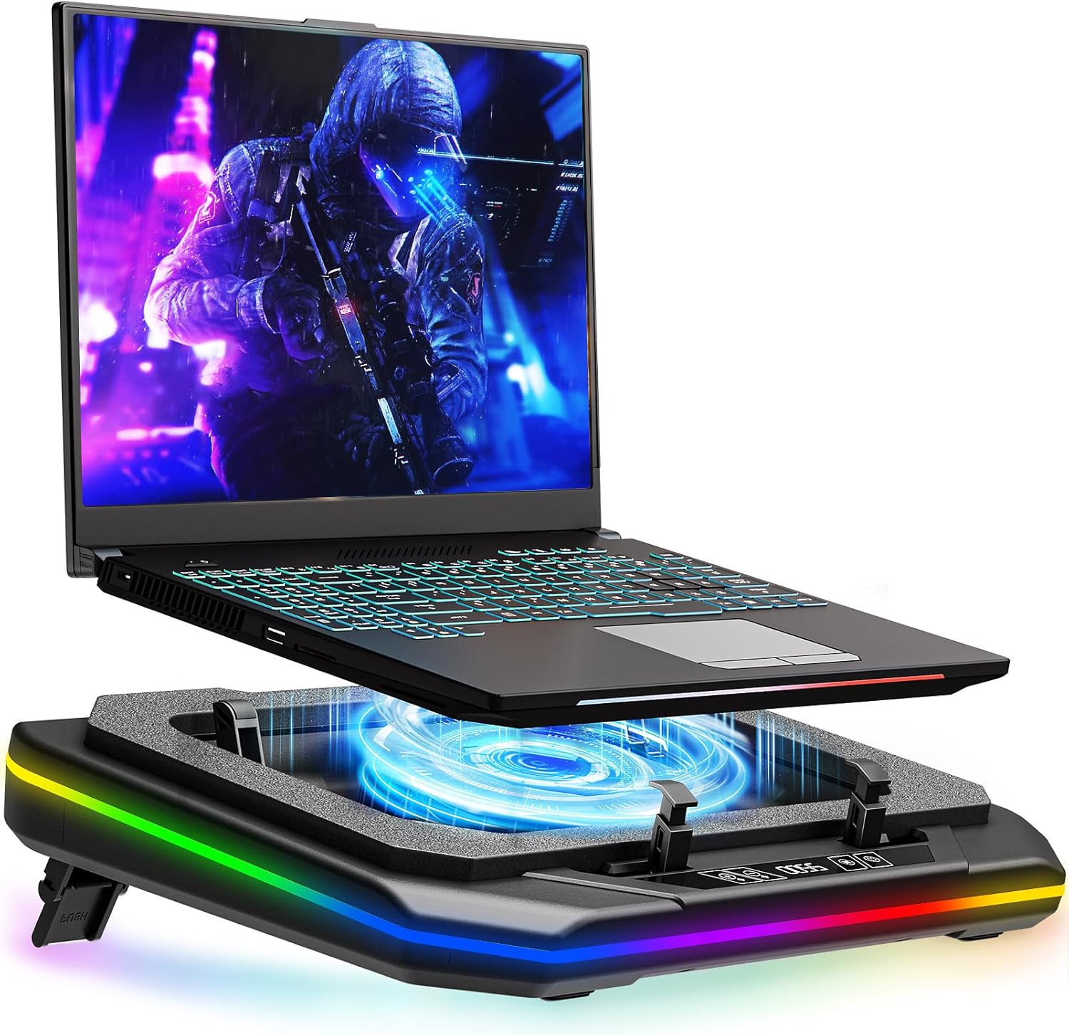 MOUNT PRO gaming laptop cooling pad front view displaying the active RGB lighting and large turbofan setup.