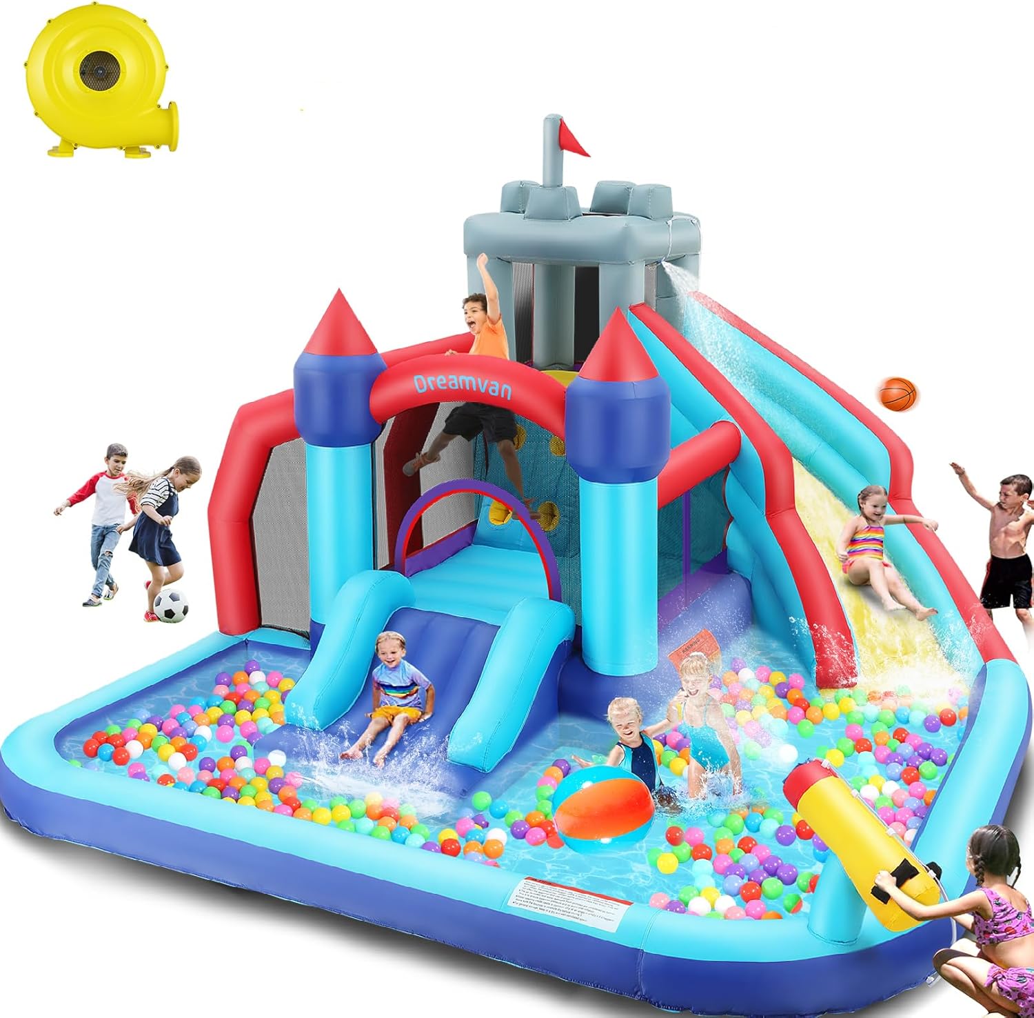 Akeydiy inflatable water slide park front view with kids playing