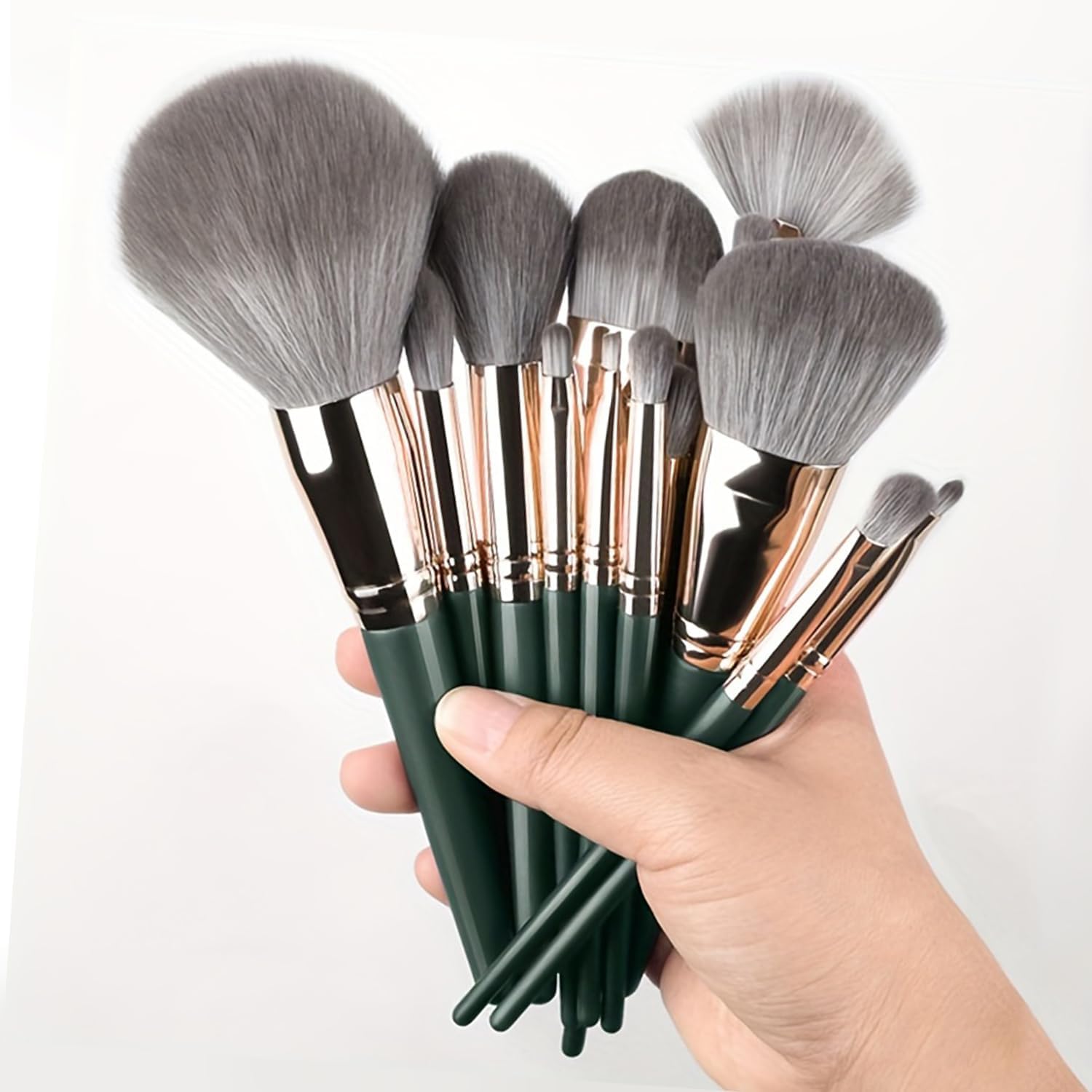 Generic 14 piece professional makeup brush set front view showing green handles and rose gold ferrules.
