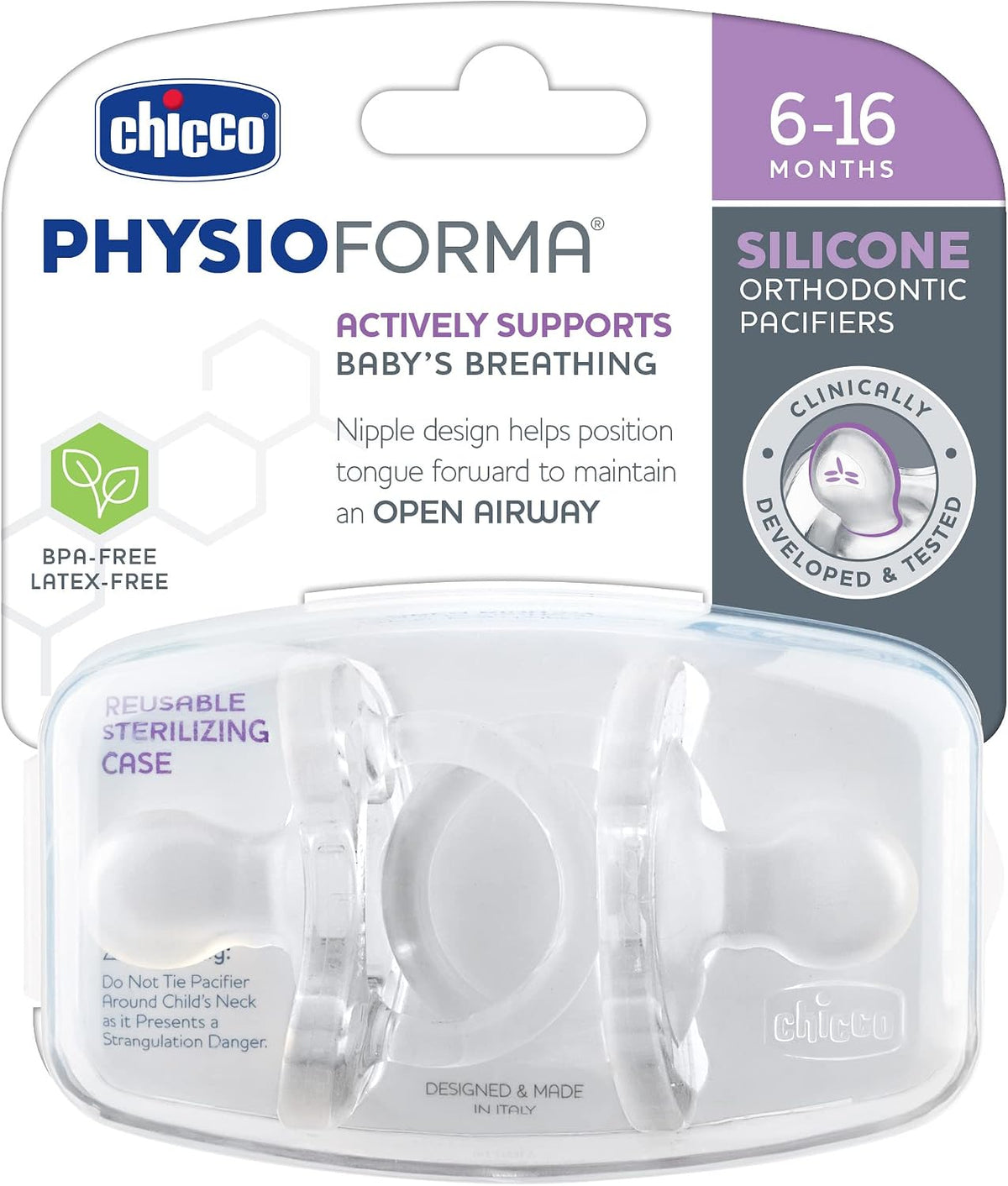 Chicco baby pacifier side profile showing orthodontic nipple shape