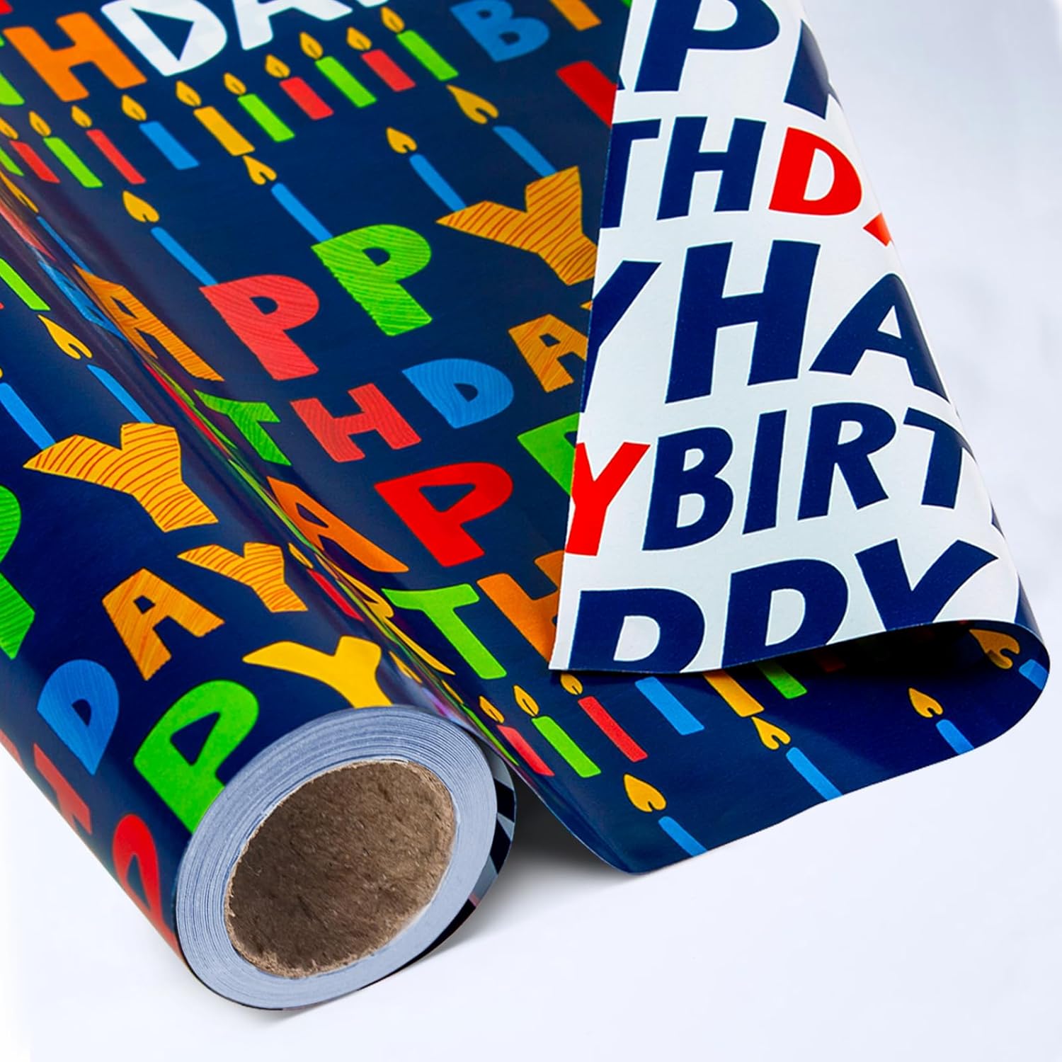 Yarcony Reversible Birthday Wrapping Paper Roll front view showing colorful lettering on navy blue background.