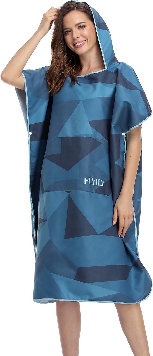 Flyily beach changing towel surf poncho front view with navy geometry design