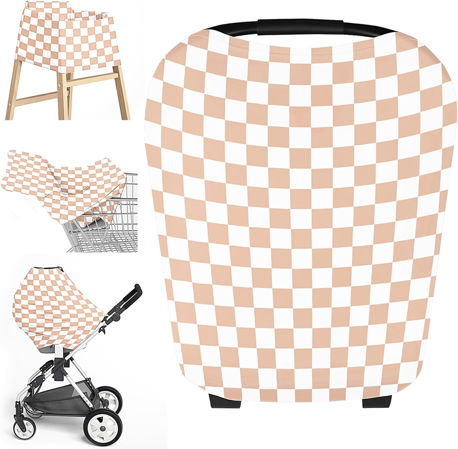 Little Jump multi use baby car seat cover in cream checkered pattern installed over an infant car seat front view