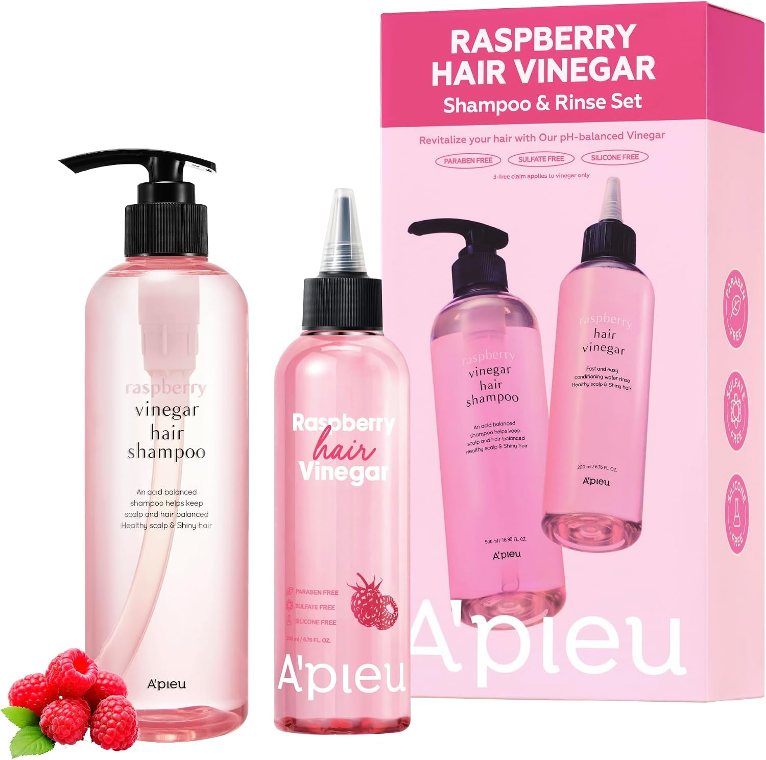 A'Pieu Raspberry Hair Vinegar Shampoo and Rinse Set front view