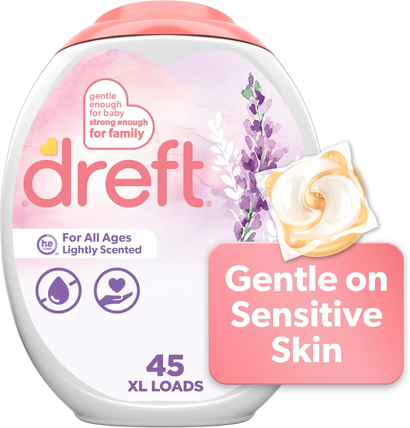 Dreft Laundry Detergent Pacs front view of the forty five count tub for baby safe clothes washing