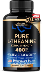 NutraHarmony L-Theanine 400 mg front bottle view wellness supplement