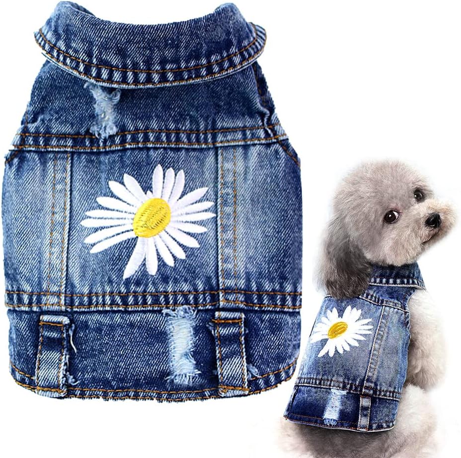 Pawstrip dog denim jacket front view featuring classic lapel collar and secure button closures for small puppies