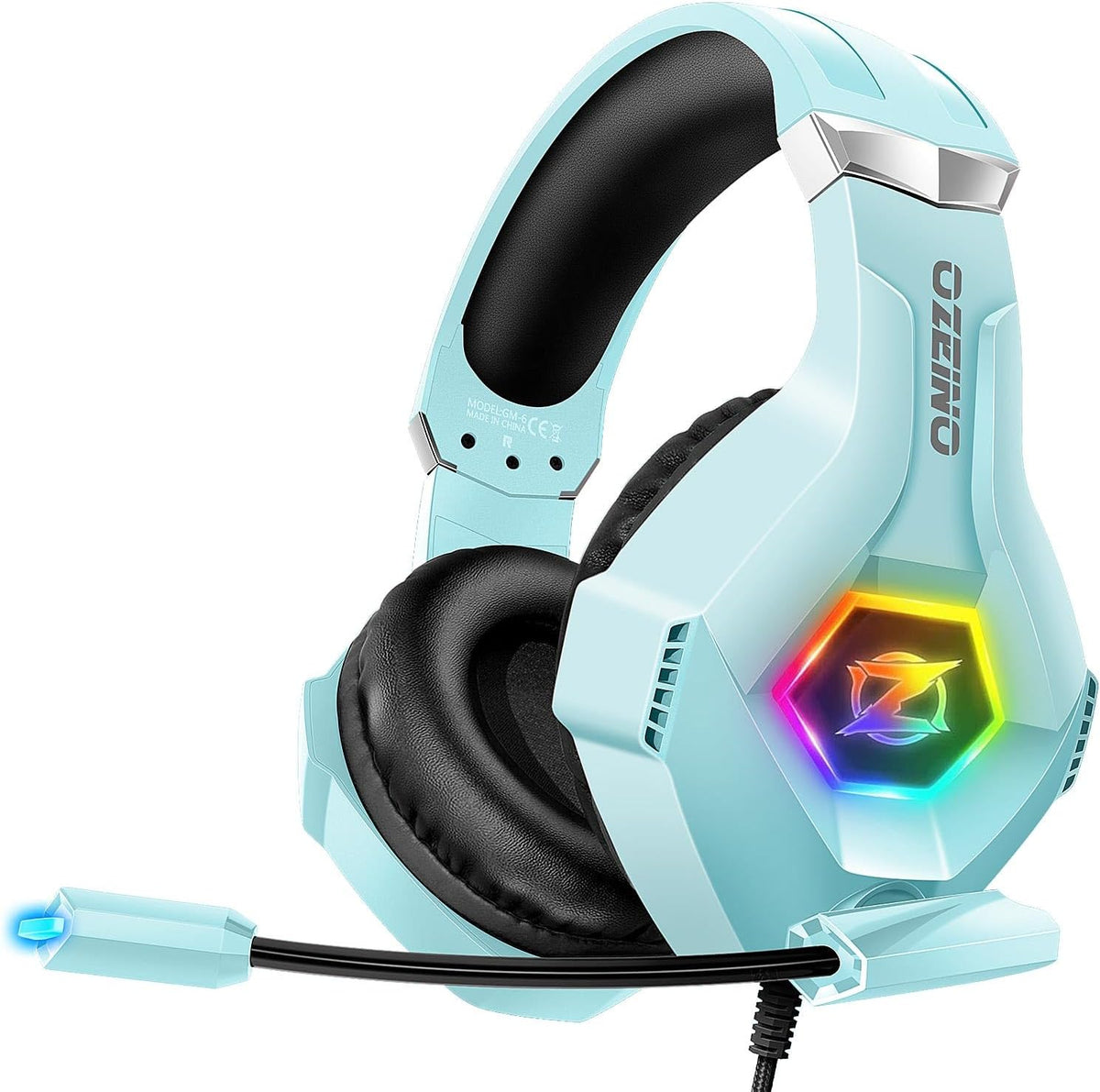 Ozeino gaming headset front view with light blue finish