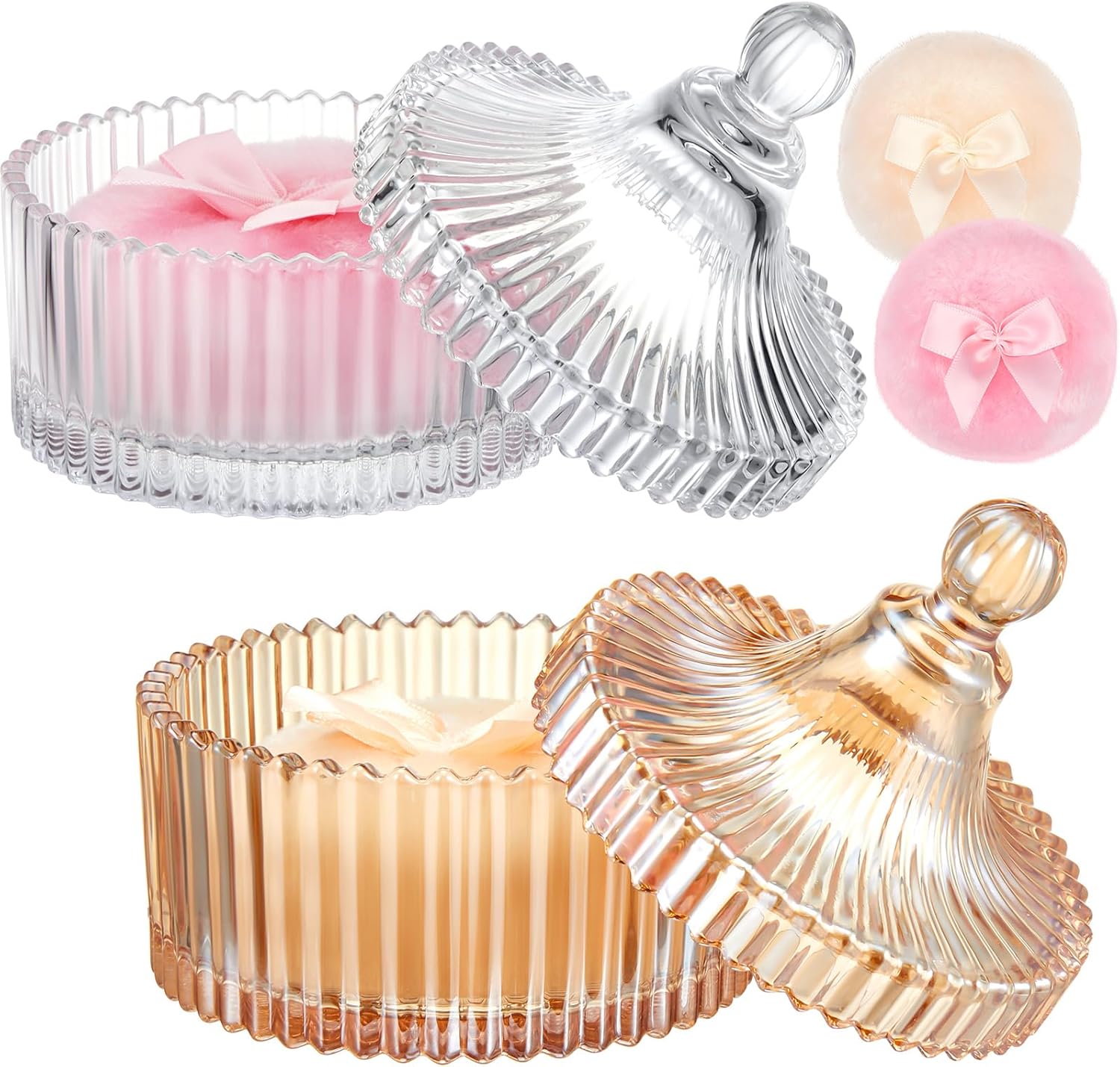 Tioncy large body powder puff and glass container set front view showcasing clear and amber jars.