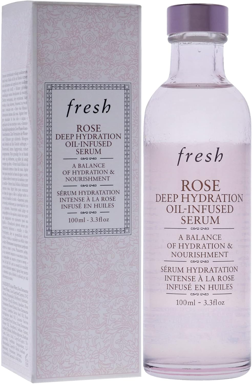 Fresh rose serum packaging box showing product volume 3.3 Fluid Ounce