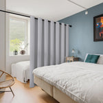 ChrisDowa 120 inch sliding door curtain installed on metal rod.