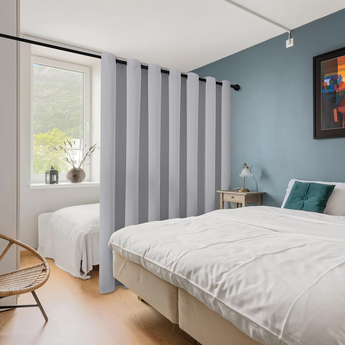 ChrisDowa 120 inch sliding door curtain installed on metal rod.