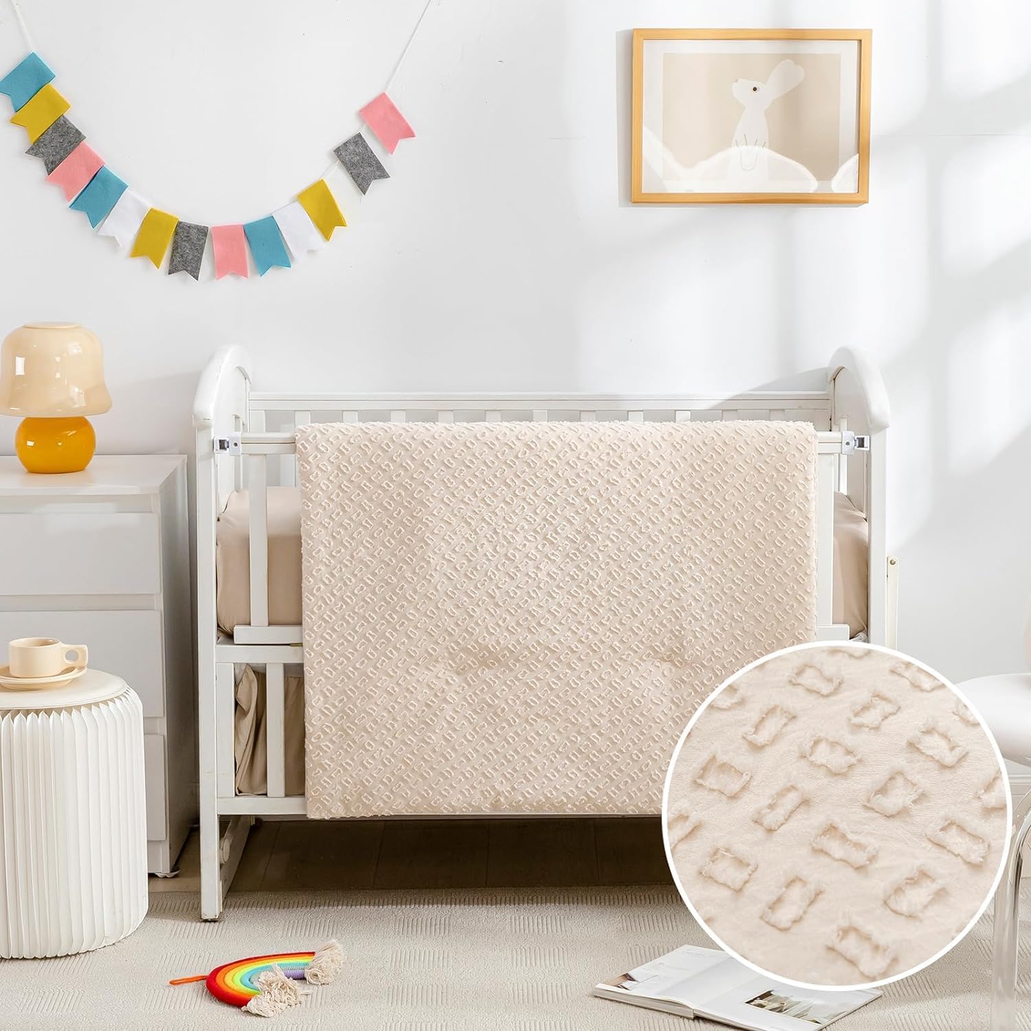Cokouchyi 3 Piece Crib Bedding Set front view of the beige tufted blanket and sheet spread over a modern nursery crib.