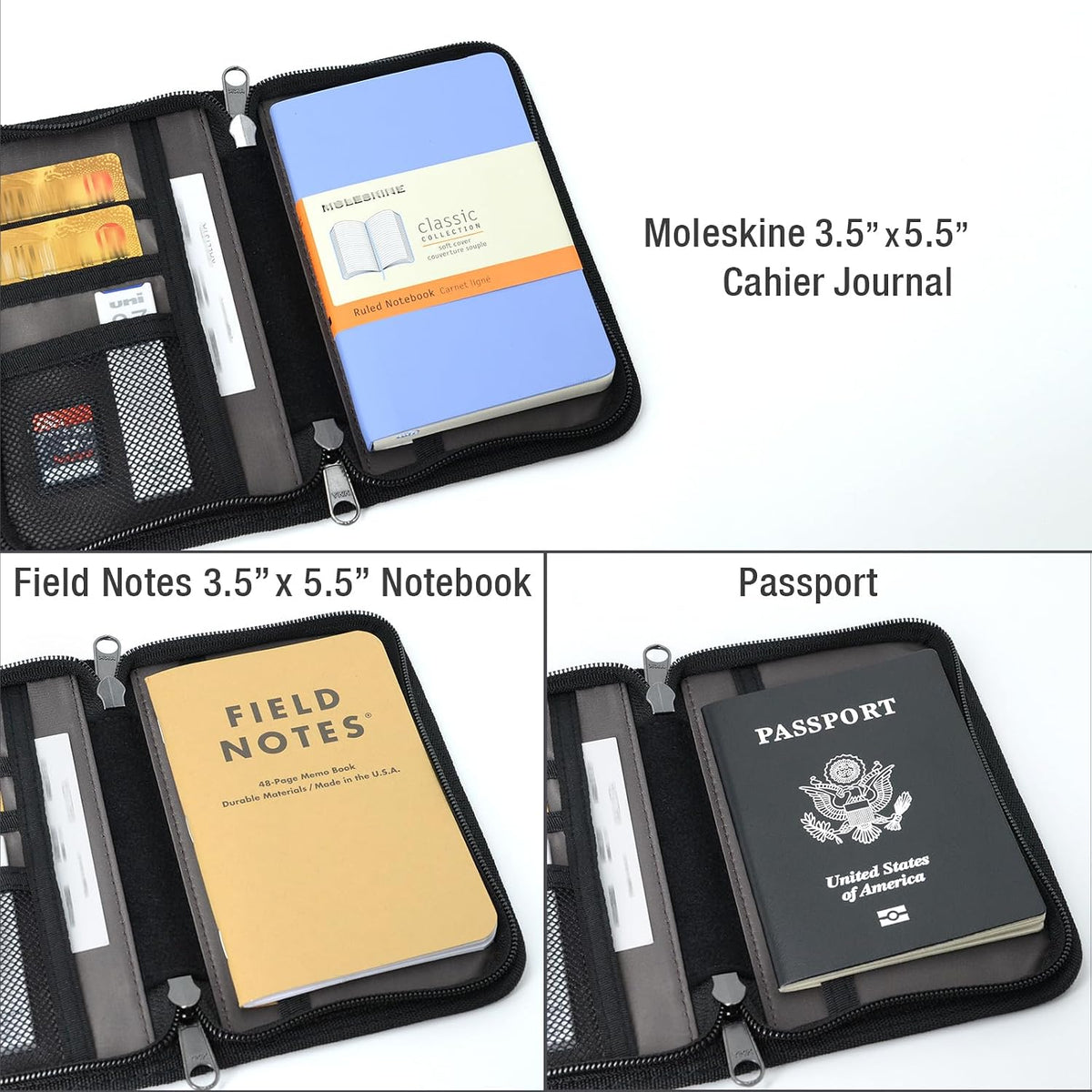 Side profile of zippered notebook cover organizer