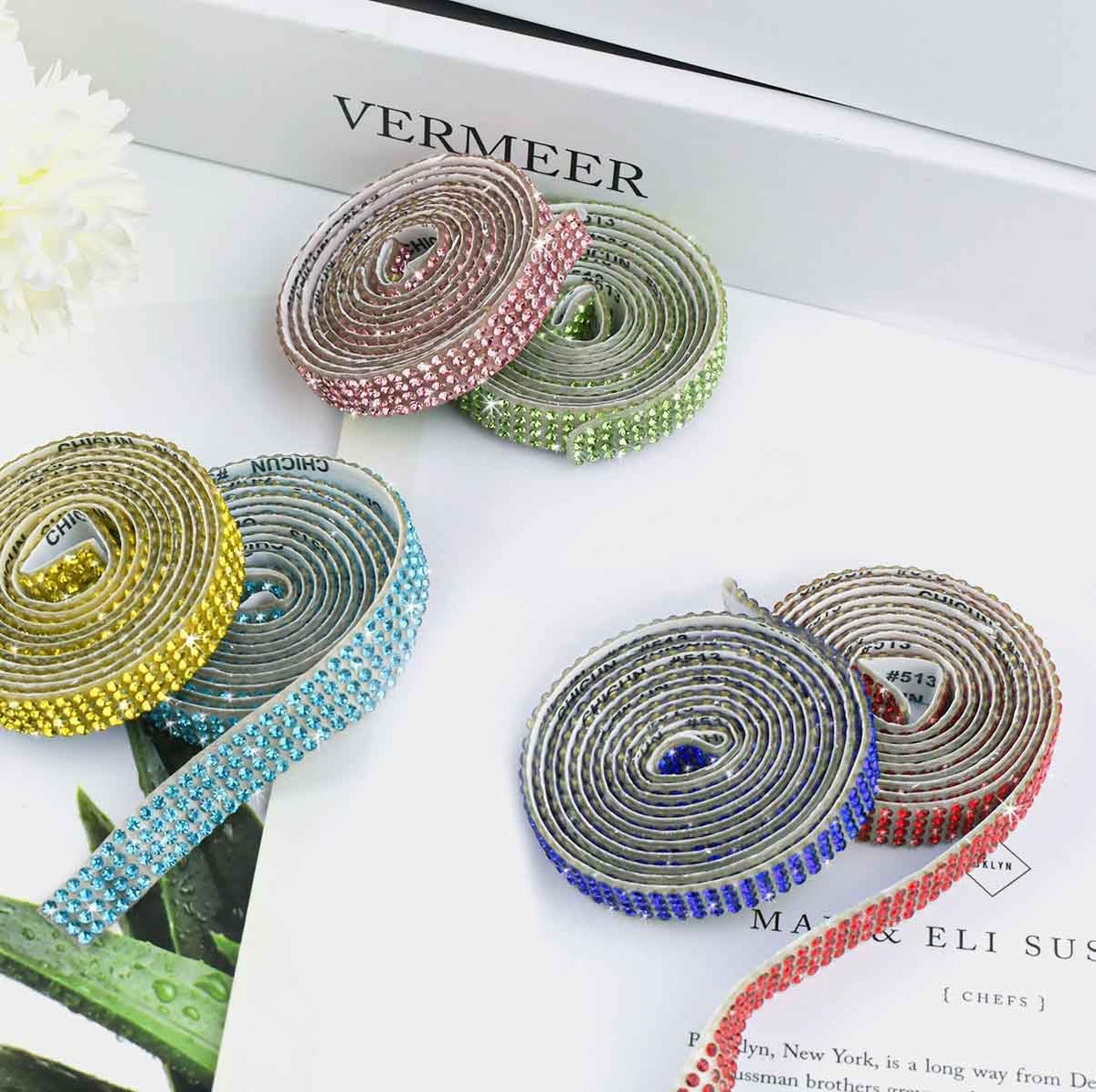 Full six yard packaging set of multi color rhinestone ribbon rolls