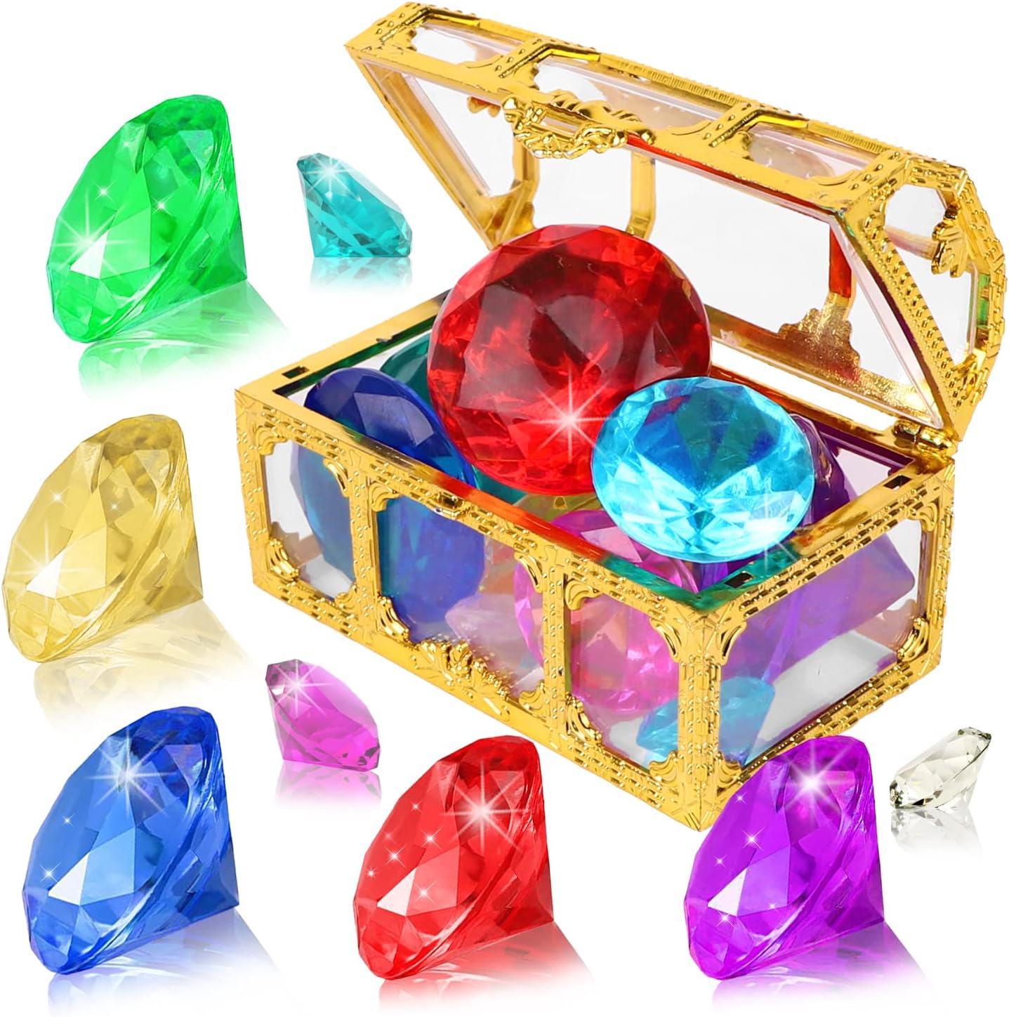 YUJUN diving gem pool toys front view showing ten colorful diamonds inside the open golden pirate treasure chest.