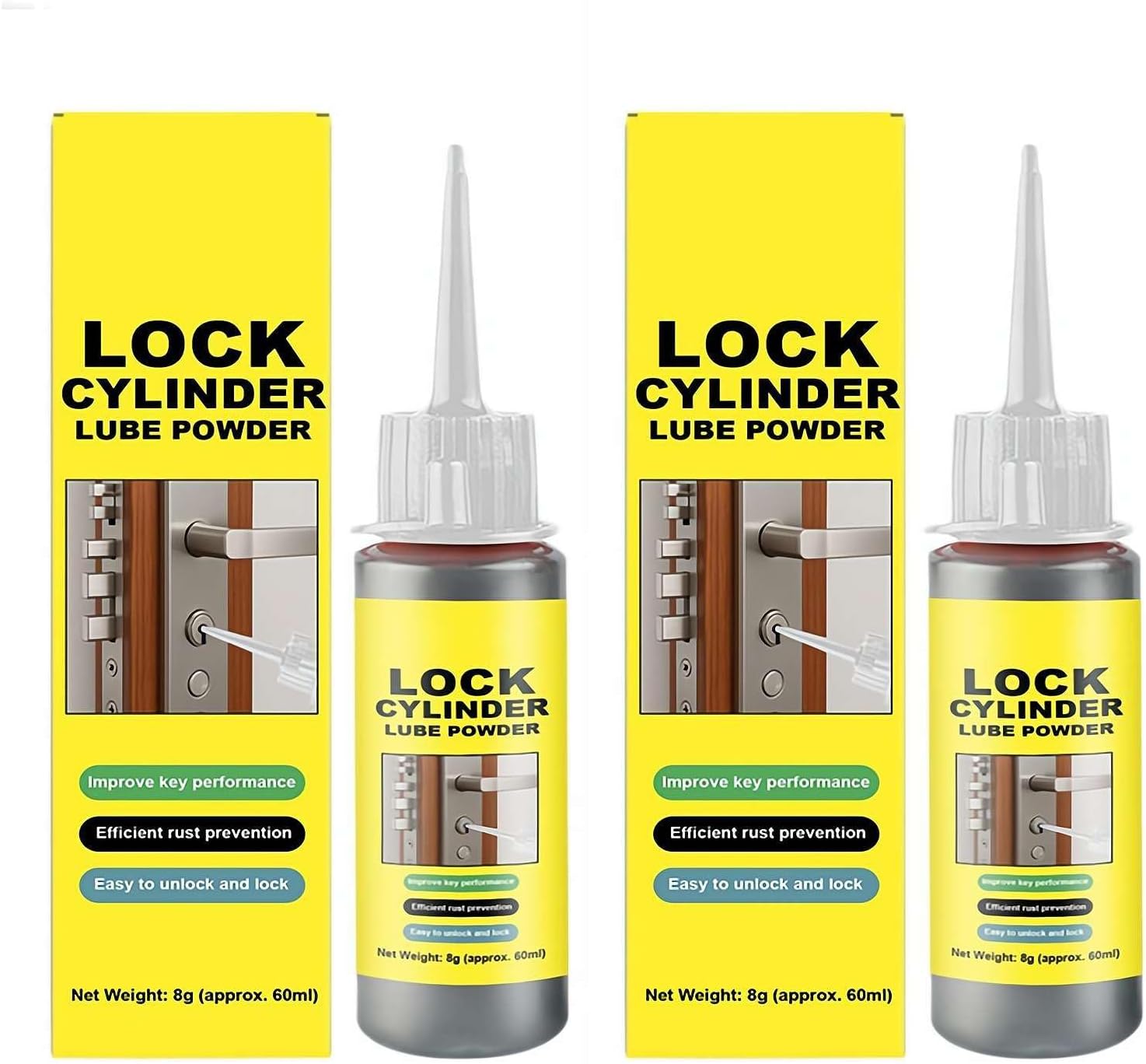 Generic lock cylinder graphite lubricant powder two pack front view showcasing the applicator bottles.